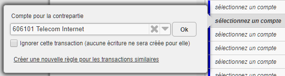 Fenêtre de saisie du compte pour la contrepartie